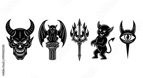 Set of evil cartoon characters and symbols in black and white design