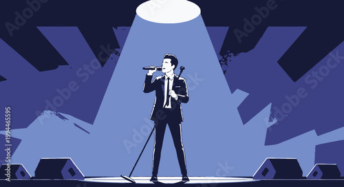 Singer performing on stage under spotlight illustration for event or concert