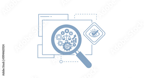 Magnifying glass examines complex mechanical gears, legal scales, and corporate growth charts to illustrate the meticulous analytical processes required for effective strategic business decision.