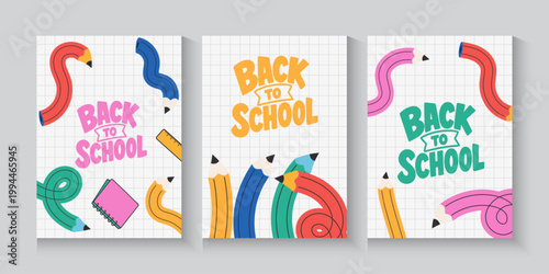 Welcome back to school clipart poster, cards, bannner set design. Back to school greeting cover collection in paper colorful grid space background with educational flat elements and copy space.