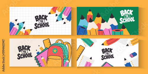 Welcome back to school clipart poster, cards, bannner set design. Back to school greeting cover collection in paper colorful grid space background with educational flat elements and copy space.
