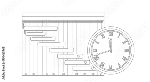 Clock with roman numerals stands beside a detailed project management schedule or gantt chart to represent time tracking, deadline management, and organized professional workflow within a business.