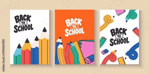 Welcome back to school clipart poster, cards, bannner set design. Back to school greeting cover collection in paper colorful grid space background with educational flat elements and copy space.