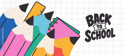 Welcome back to school clipart poster, cards, bannner set design. Back to school greeting cover collection in paper colorful grid space background with educational flat elements and copy space.