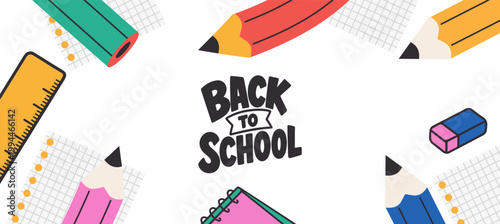 Welcome back to school clipart poster, cards, bannner set design. Back to school greeting cover collection in paper colorful grid space background with educational flat elements and copy space.