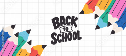 Welcome back to school clipart poster, cards, bannner set design. Back to school greeting cover collection in paper colorful grid space background with educational flat elements and copy space.