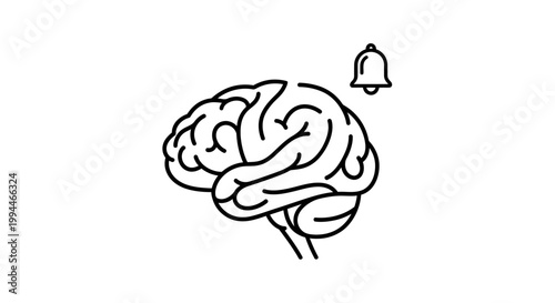 Brain icon paired with a notification bell symbol represents the active cognitive process of receiving new information or urgent mental alerts in a clean and minimalist graphic design composition.