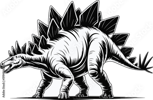 Majestic Stegosaurus Dinosaur Silhouette Walking Through Prehistoric Jungle Landscape, Detailed Illustration for Education, Paleontology, Jurassic Era Exploration, Wild Animal Life, Natural History Mu