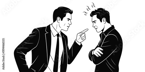 Angry Businessmen Arguing Fiercely, Pointing Finger at Colleague in Conflict Meeting, Corporate Stress and Workplace Tension Illustrated, Professional Disagreement and Frustration Displayed, Man in Su