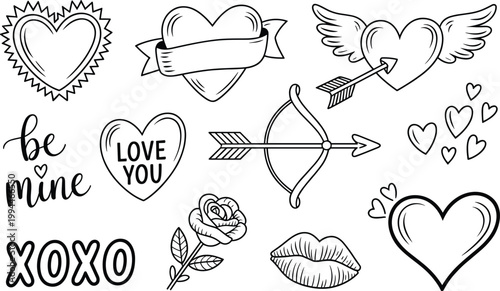 Valentine's Day Doodles: A whimsical collection of hand-drawn romantic icons featuring hearts, cupid's arrow, rose, kiss, and calligraphy phrases 'Be Mine' and 'XOXO' for greeting cards, digital desig