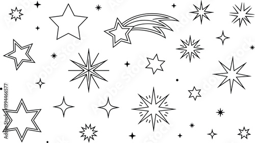 Vibrant Cosmic Sparkle Collection: Diverse Star Shapes, Shooting Celestial Bodies, Shooting Stars, Glittering Constellations, and Twinkling Embers. Whimsical Vector Graphics for Party Invitations, Bir