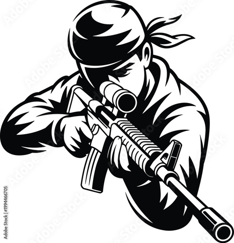 Dynamic Black and White Silhouette of a Focused Soldier Aiming a Sniper Rifle with Scope, Ready for Tactical Combat and Military Operations, Representing Strategy, Precision, and Vigilance in Action-P
