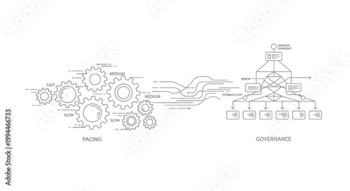 Gears and hierarchical diagrams illustrate the complex systemic processes and corporate governance structures that define modern organizational workflow management in a clear, minimal line art format.