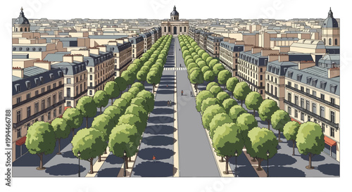 Isometric illustration showing an expansive view of the city of Paris, presenting a long avenue lined with trees leading to a prominent building, rendered with a soft color palette
