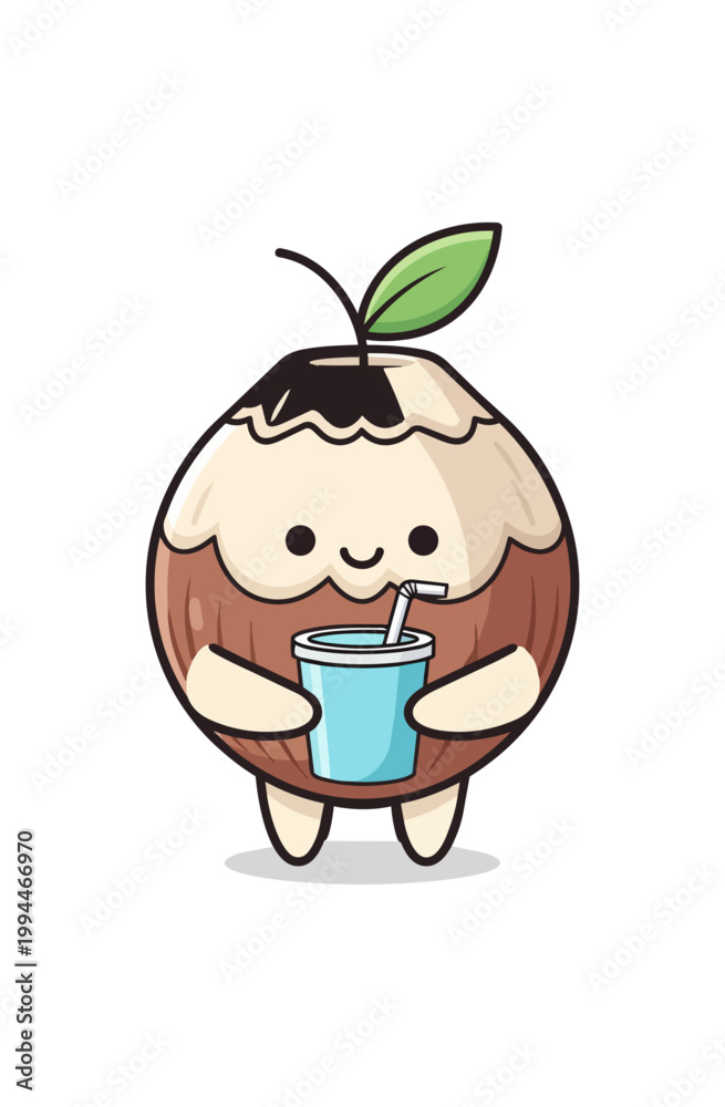 Fototapeta premium Cartoon coconut character holding drink isolated on black