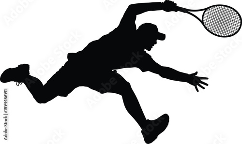 Dynamic Silhouette of a Male Tennis Player Leaping to Return a Shot Mid-Match, Capturing Intense Action and Athleticism on a Clean White Background, Ideal for Sports Marketing, Health & Fitness Concep