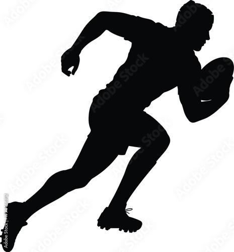 Dynamic Silhouette of a Rugby Player Running with Ball, Intense Action in a Clean Studio Setting, Representing Athleticism, Competition, and Determination for Sports Marketing and Graphic Design Proje