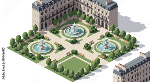 Isometric architectural rendering features a Parisian plaza with three ornate fountains and manicured gardens, showcasing classical building facades in a clean, symmetrical composition