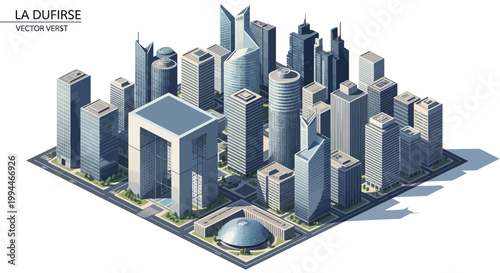 Isometric illustration of the city of Paris featuring various architectural buildings, set against a clean white background with a bird's eye view and a cool, modern color palette