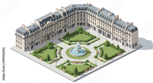 Isometric rendering showcases a portion of Paris, featuring a classic building overlooking a courtyard with meticulously manicured hedges and a central fountain, all presented with a clean