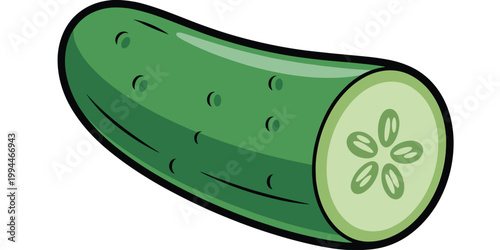 Fresh Green Cucumber Sliced Cut Isolated White Background Healthy Ingredient for Salad, Cooking, Dieting, Spa, Skincare, Weight Loss, Vegan Food. Cartoon Style Illustration, Vibrant Colors, Top View,
