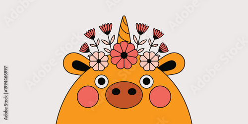 Adorable cartoon orange unicorn with a vibrant floral headdress, peeking from below, featuring cute big eyes, rosy cheeks, and a charming nose, perfect for children's book illustrations, fantasy theme