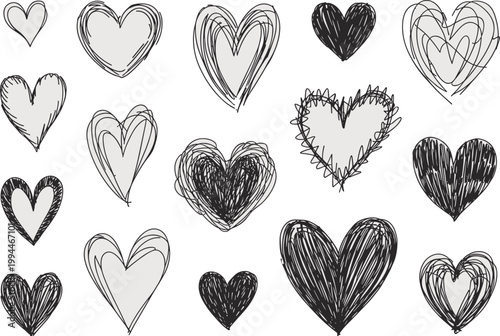 Collection of Textured Hand-Drawn Hearts in Various Styles and Fill Patterns, Perfect for Romantic Designs, Valentine's Day Cards, Love Concepts, and Decorative Elements, Black and White Sketch Art fo