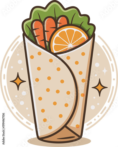 Vibrant Healthy Food Wrap Illustration - Fresh Carrots, Lettuce, and Orange Slice Wrapped in Tortilla with Decorative Orange Dots, Stars, and Sparkles. Perfect for Healthy Eating Concepts, Restaurant