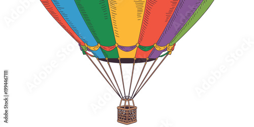 Vibrant Pride Hot Air Balloon Ascending into Bright Blue Sky, Symbolizing Freedom, Adventure, and Joyful Exploration. Artistic Retro Illustration for Travel, LGBTQ+ Celebration, Summer Festivals, and