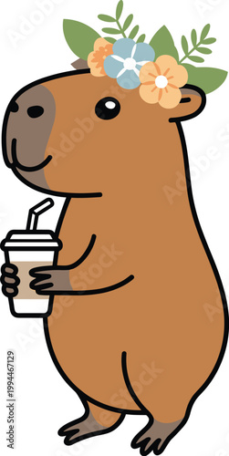Cute Brown Capybara Wearing Flower Crown Enjoys Coffee To-Go Cup with Straw, Happy and Relaxed Rodent Animal Character, Adorable Vector Illustration for Kawaii Merchandise, Kids' Products, Coffee Shop