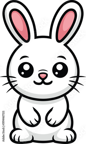 Adorable white cartoon bunny rabbit character, full body illustration, sitting cute and friendly, depicting innocence and joy, perfect for Easter holidays, children's books, and spring-themed designs,