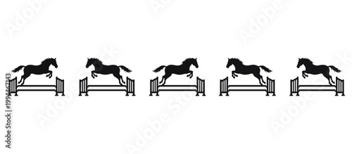 Horse jumping over fence silhouette sequence. Equestrian sport animation sprite sheet. Vector illustration isolated on transparent background