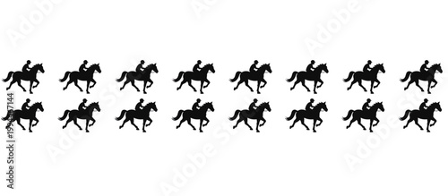 Rider trotting on horse silhouette sequence. Equestrian animation sprite sheet loop. Vector illustration isolated on transparent background