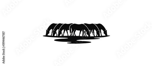Herd of horses drinking from a stream silhouette. Wild animals at watering hole vector illustration. Isolated on transparent background