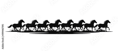 Running horse herd silhouette border. Wild horses crossing a shallow river vector illustration. Isolated on transparent background