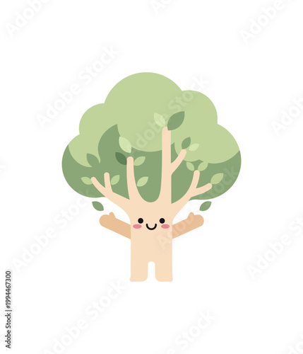 Cartoon tree character with smiling face and green leaves on black background