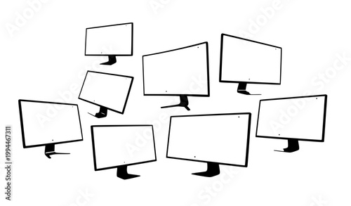Modern computer monitor collection with multiple angles blank screen device vector illustration isolated on white