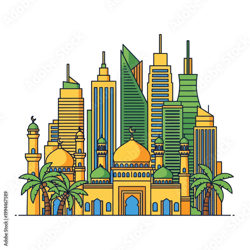 Modern City Skyline with Islamic Architecture and Palm Trees