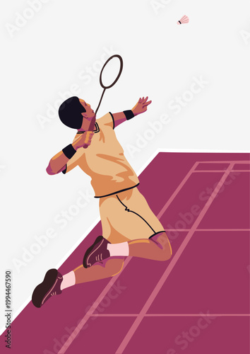 A male player is jumping to hit a shuttlecock with a racket. Action scene. Vector illustration. Suitable for posters, banners, or greeting cards.