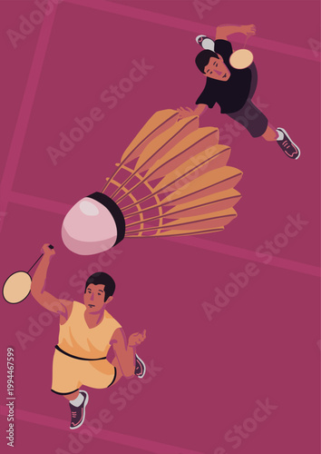 Two people are playing badminton. Top view. Vector illustration. Suitable for posters, banners, or greeting cards.