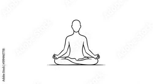 A simple line drawing depicts a person meditating in the lotus position promoting calmness