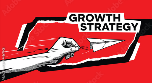 Business growth strategy concept, hand launching paper airplane, red background, motivational symbol
