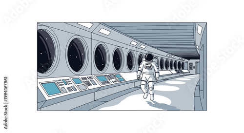 Astronaut explores space station corridor futuristic interior illustration