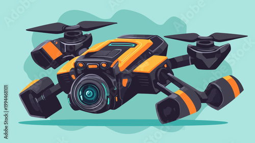 A stylized illustration of a modern drone with camera, propellers, and a vibrant color scheme