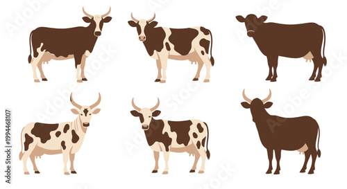 Cartoon cows diverse representations of livestock in various poses and colors