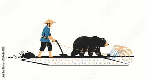 Farmer plowing field with bear surreal illustration graphic design concept