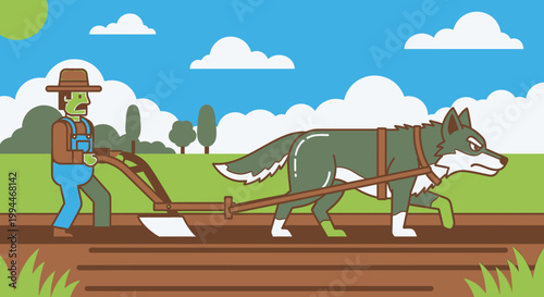 Farmer plowing field with wolf illustration in vibrant cartoon style