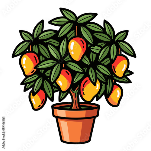 Cartoon mango tree in a terracotta pot illustration isolated on white