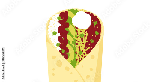 Colorful illustration of a freshly prepared burrito with various fillings