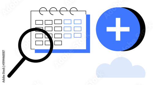 Calendar management concept. A calendar, magnifying glass, and add icon scheduling, planning, and cloud integration. Calendar usage in productivity, time management, teamwork organization digital